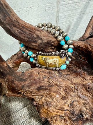 Western Brahman Bull Art Beaded Stretch Bracelet | Turquoise & Silver Ranch Bracelet