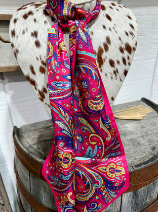 Hot Pink Paisley Twilly Scarf | Western Silk Neck Scarf & Purse Accessory