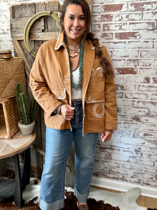 Saddle Tan Western Stitched Barn Jacket – Horseshoe & Horse Embroidery