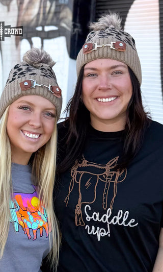 Leopard Snaffle Bit Beanie with Pom Pom- Western Cowgirl Winter Hat