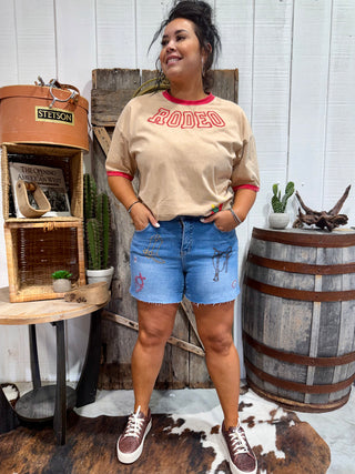 Western Embroidered Stretch Denim Shorts – Mid Wash Cowgirl Shorts with Tummy Control & Frayed Hem- Lucky & Blessed 