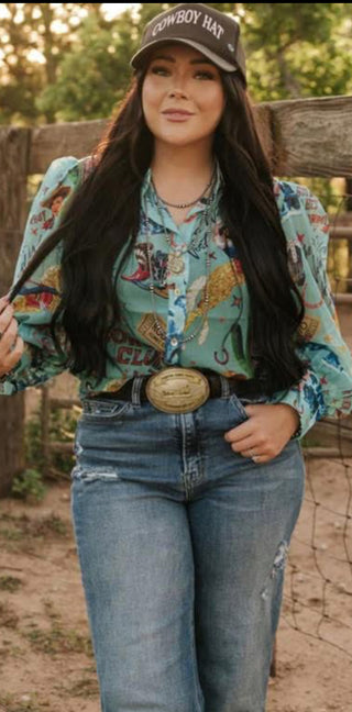 Turquoise Cowgirl Collage Sheer Ballon Sleeve Top
