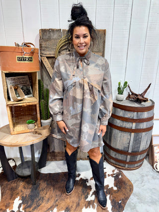 Get Rowelldy Dress by 2 Fly Co – Western Cowgirl Print Tie Neck Mini Dress