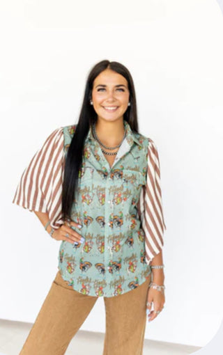 Retro Rodeo Cowboy Print Western Blouse with Striped Sleeves – Cowgirl Style Top