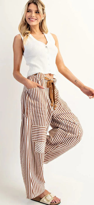 Striped Barrel Cargo Pants with Drawstring Waist