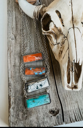 Southwestern Rectangular Bar Necklace– Turquoise, Spiny Oyster ,White Buffalo & Mosaic