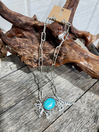 Western Armadillo Turquoise Pendant Necklace | Silver Paperclip Chain Cowgirl Statement Jewelry