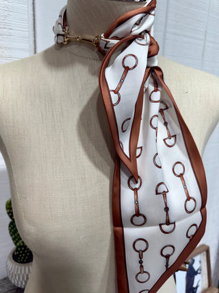 Western Snaffle Bit Twilly Scarf – Cream & Cognac Equestrian Neck Scarf | Cowgirl Purse Wrap Accessory