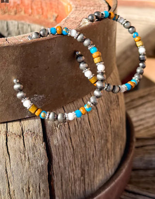 Turquoise & Mustard Mixed Bead Western Hoop Earrings