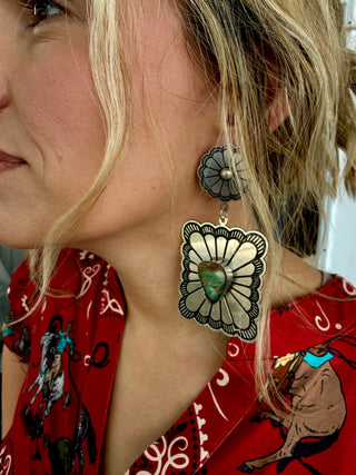 A Rare Bird Tibetan Silver Concho Earrings with Turquoise Stones
