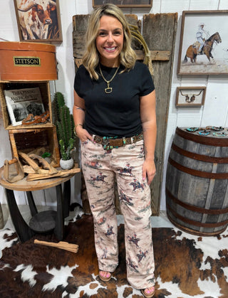 Vintage Western Cowboy Print Wide-Leg Pants – High-Waisted Retro Rodeo Trousers