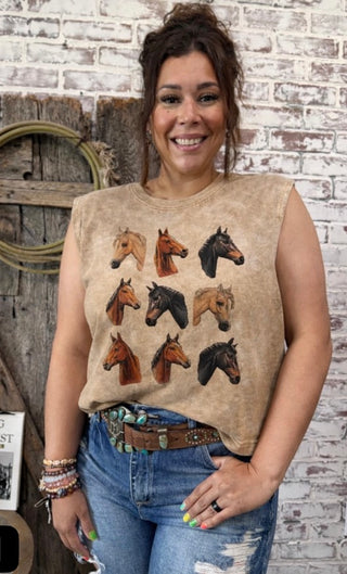Western Horse Head Graphic Mineral Wash Boxy Muscle Tank | Vintage Cowgirl Top