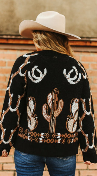 BLACK CACTUS HORSESHOE KNIT ZIP-UP SWEATER