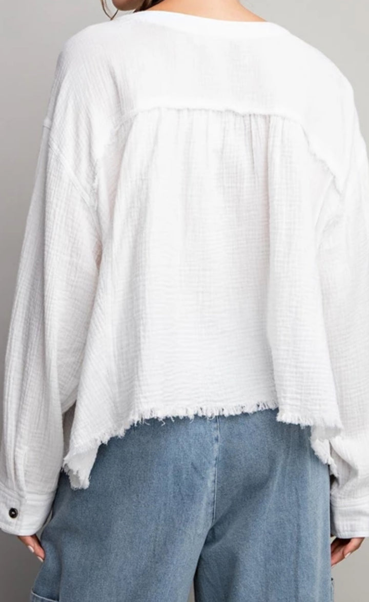 White Cotton Gauze Button Down Crop Shirt