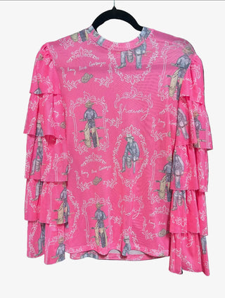 Pink Western Cowboy Print Mesh Top for Women – Ruffle Sleeve Cowgirl Shirt, Long Sleeve Western Boutique Blouse