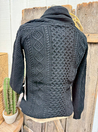 Midnight Mesa Concho Cardigan – Black Cable Knit Western Sweater with Turquoise Buttons