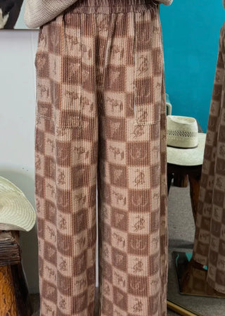 Cowpony Brown Western Check Corduroy Pants | Elastic Waist Ranch Print Trousers-SMALL ONLY!