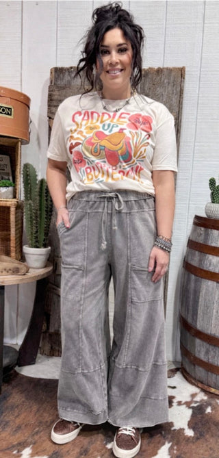 Easel Acid Wash Cargo Lounge Pants – Elastic Waist Wide Leg Pants- Ash Gray