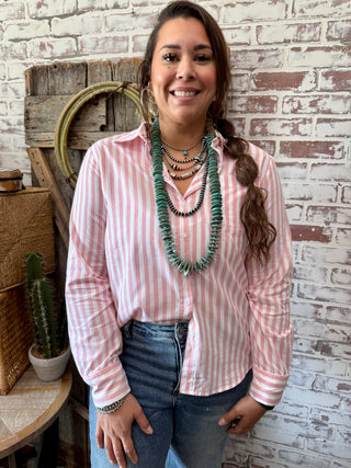 Pink & White Striped Button Down Layering Top- Long Sleeve