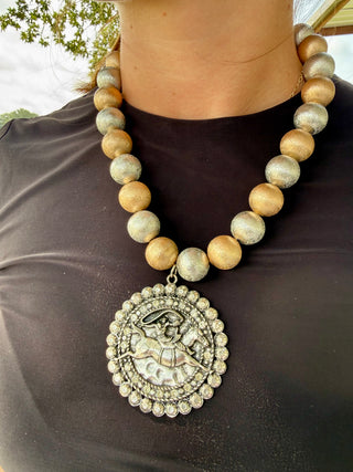 Western Bucking Horse Pendant Necklace | Mixed Metal Statement Bead Necklace