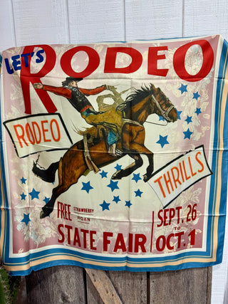Let’s Rodeo Wild Rag – Vintage State Fair Cowboy Print Scarf -34” x 34”