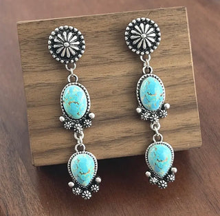 Turquoise Blossom Double Drop Western Earrings