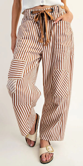 Striped Barrel Cargo Pants with Drawstring Waist
