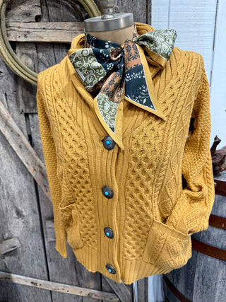 Golden Mesa Concho Cardigan – Mustard Cable Knit Western Sweater with Turquoise Button Detail