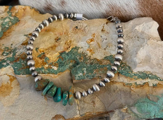 Sterling Silver Beaded Bracelet with Genuine Turquoise Chips | Southwestern Silver Bracelet
