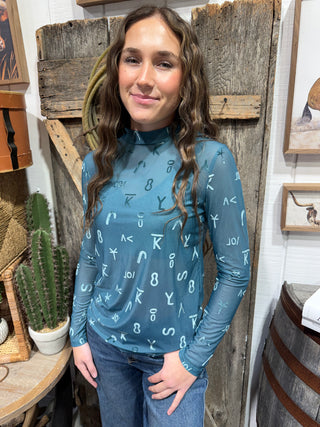 Cattle BrandTurquoise Velvet Mesh Long Sleeve Top