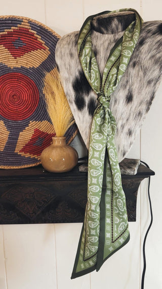 Olive Green Western Paisley Twilly Scarf – Cowgirl Hair Scarf | Western Neck Scarf & Purse Wrap