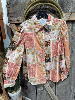 Desert Mosaic Western Button Down Pearl Snap Top