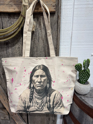 Western Native American Chief Canvas Tote Bag – Cowgirl Ranch Tote | Southwestern Boutique Handbag