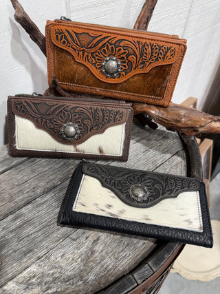 Trinity Ranch Cowhide Concho Wallet – Western Tooled Leather Wallet | Cowgirl Long Wallet