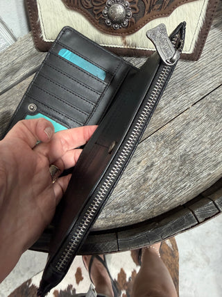 Zipper compartment Trinity Ranch Cowhide Concho Wallet – Western Tooled Leather Wallet | Cowgirl Long Wallet