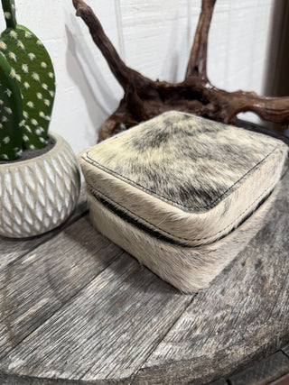 Small Western Cowhide Travel Jewelry Case | Cowhide Zip Jewelry Organizer for Rings, Earrings & Accessories- Black or Brown 