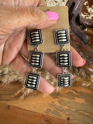 Western Drop Earrings – Silver Square Concho Dangle Statement Jewelry