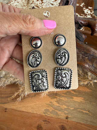 Rustic Western Earrings Set – Silver Floral Concho Stud Collection