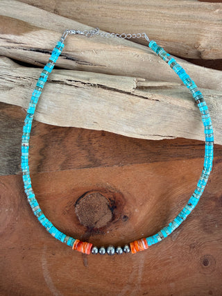 Turquoise Variscite Heishi Choker Necklace – 14” Western Sterling Pearl Layering Necklace