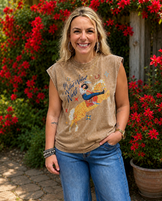 Wild Wild West Sleeveless Mom Crop Tank – Western Varsity Rodeo Graphic Tee