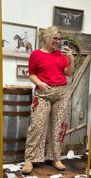 Leopard Rose Barrel Pants for Women | Western Floral Wide Leg Cropped Jeans