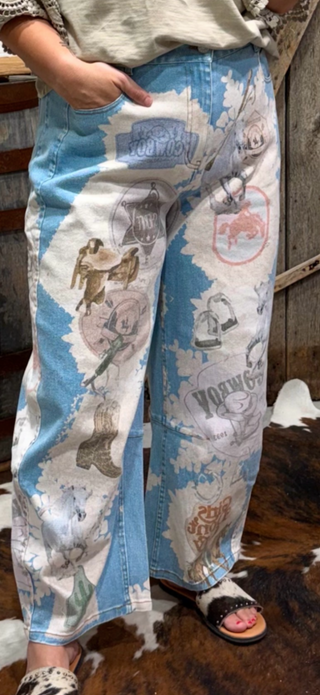 Cowboy Western Printed Barrel Jeans for Women | Vintage Rodeo Wide Leg Denim Pants