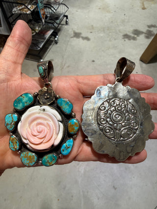 Tibetan Turquoise & Pink Conch Rose Pendant | Western Statement Necklace Pendant for Navajo Pearls