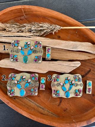 Cactus Snaffle Bit Belt Buckle Set | Kingman Turquoise & Pink Conch & Purple Dahlia Western Belt Buckle Set