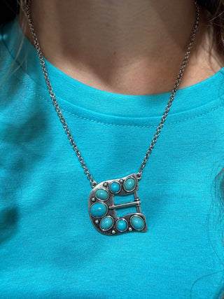 Turquoise Belt Buckle Necklace | Western Silver Buckle Pendant Necklace for Women