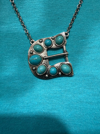 Turquoise Belt Buckle Necklace | Western Silver Buckle Pendant Necklace for Women