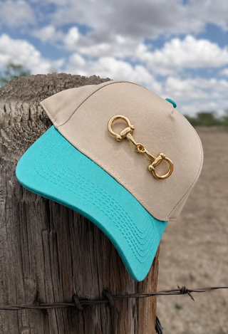 3” Gold Snaffle Bit Snapback Cap | Western Turquoise & Khaki Hat