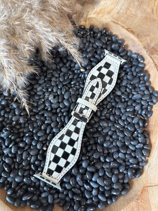 Black & White Checker Leather Apple Watch Band – 45mm Western Style Strap