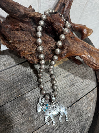 Southwest Donkey Necklace on Faux Navajo Pearls | Western Statement Necklace- 18” long