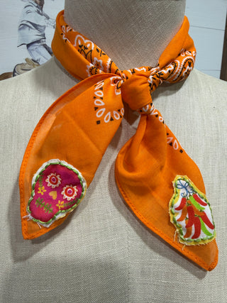 Fiesta Sugar Skull Bandana | Orange Western Wild Rag with Sugar Skull & Chili Pepper Patches